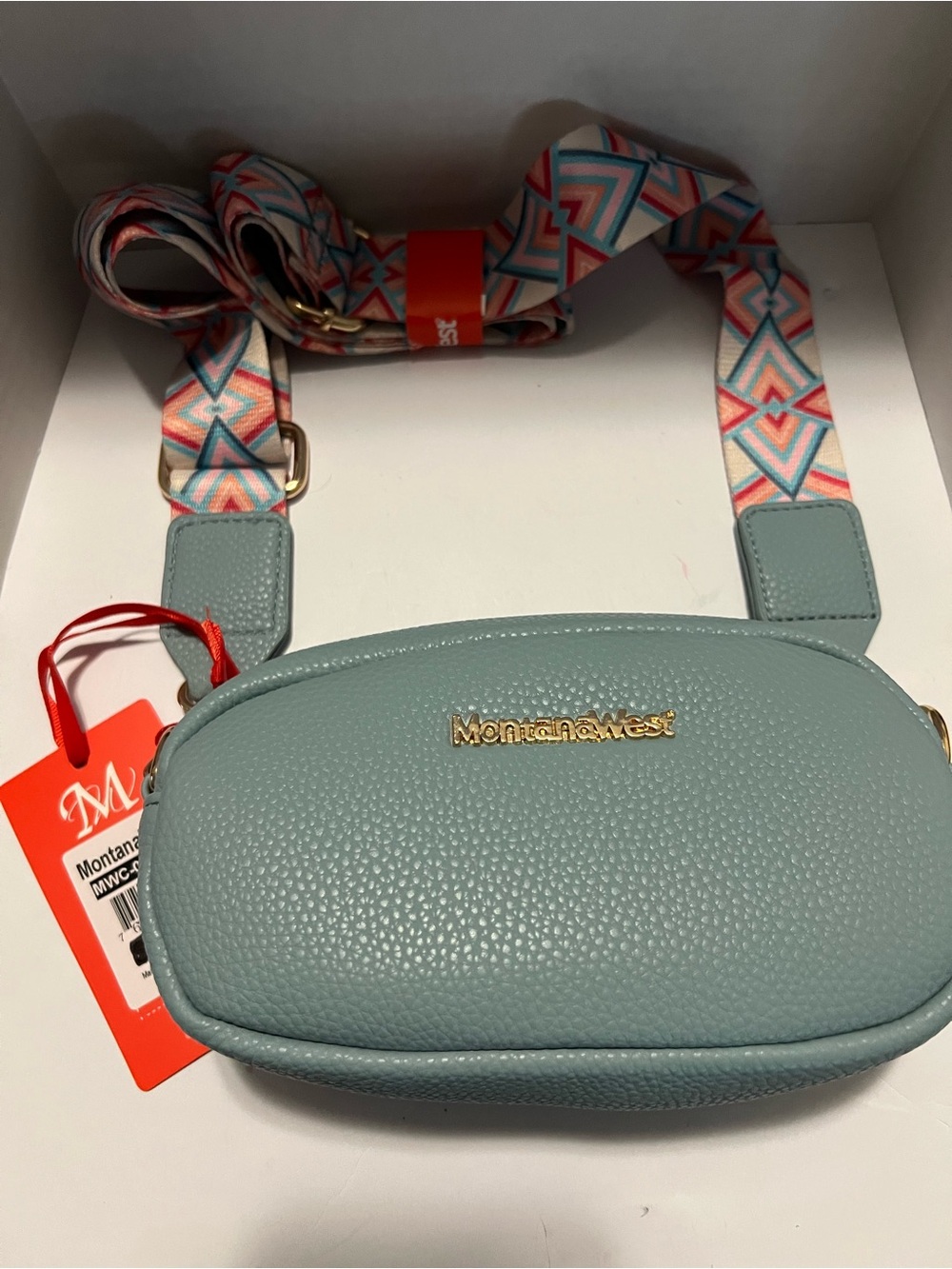 Montana West Mint Blue Crossbody Bag with Geometric Strap 8”x4”